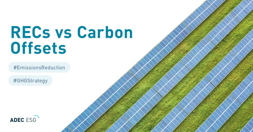 ADEC ESG branded graphic comparing RECs vs Carbon Offsets with solar panels beside grass
