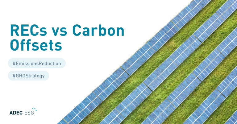 ADEC ESG branded graphic comparing RECs vs Carbon Offsets with solar panels beside grass