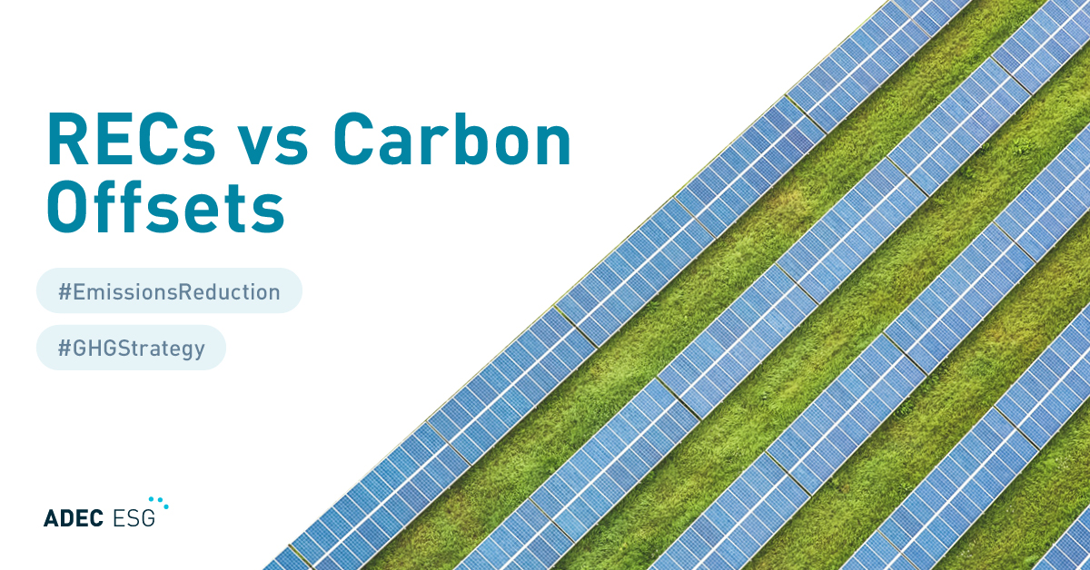 ADEC ESG branded graphic comparing RECs vs Carbon Offsets with solar panels beside grass