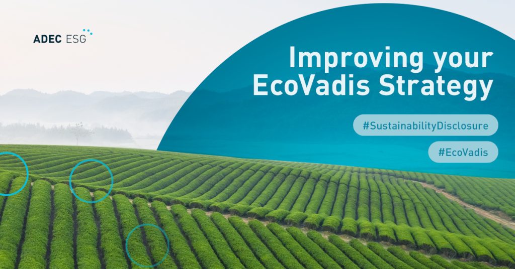 Green agricultural fields in the foreground, on a slightly hilly topography, with the topic of the article "Improving Your EcoVadis Strategy"