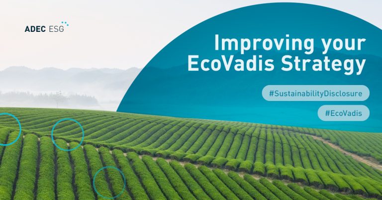 Green agricultural fields in the foreground, on a slightly hilly topography, with the topic of the article "Improving Your EcoVadis Strategy"
